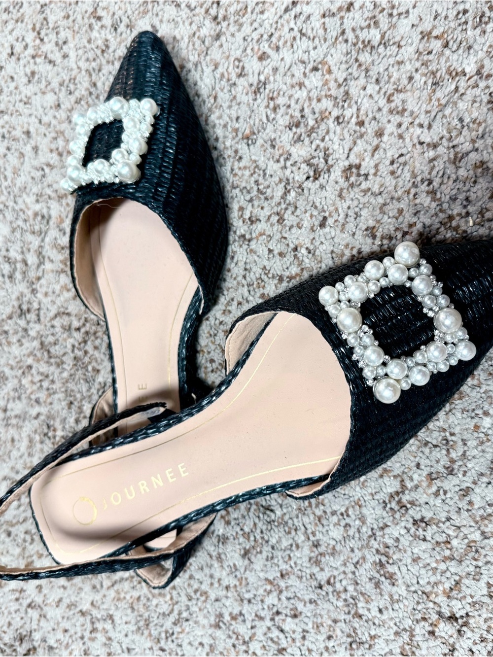 Black Pointed-Toe Slingback Flats with Pearl Buckle